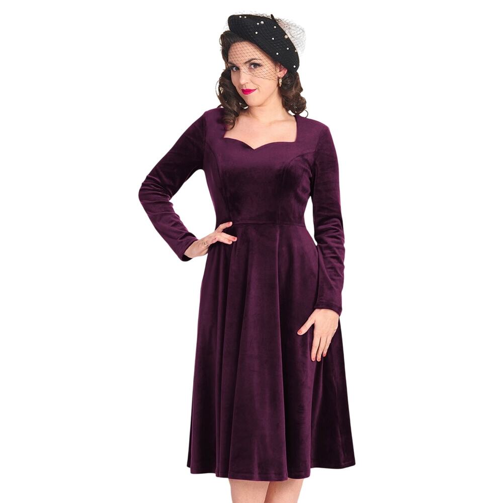 Banned Retro A Royal Evening Aubergine Purple Swing Dress S NWOT - Picture 2 of 4